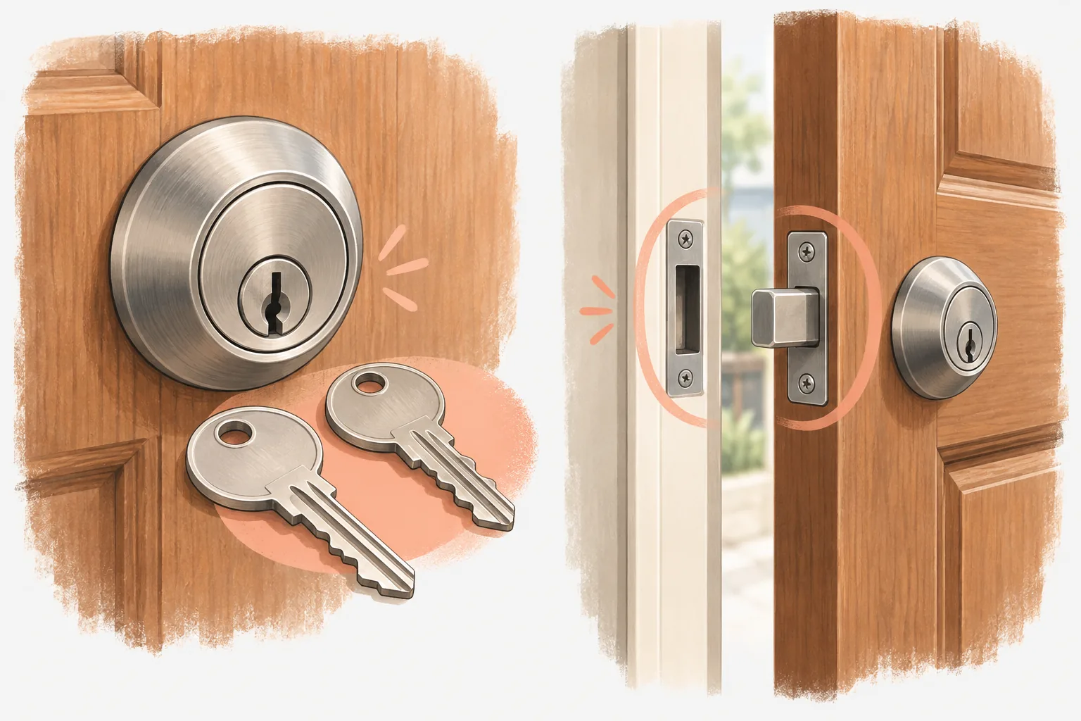 Illustration of two house keys beside a door lock, with a separate view of the door bolt and frame alignment.