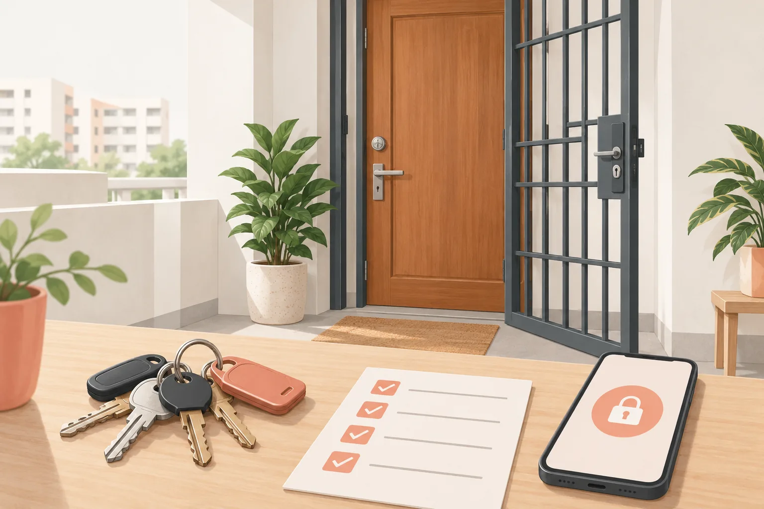 Illustration of keys, a checklist and a phone in front of an HDB entrance with a wooden main door and a separate metal gate.
